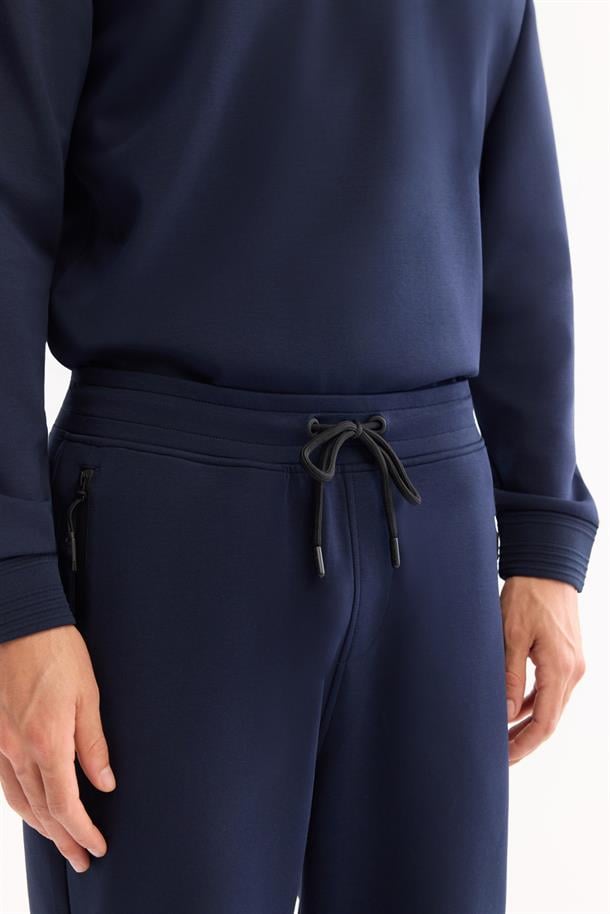 Lacivert Beli Lastikli Bağcıklı Bi-Stretch Eşofman Altı