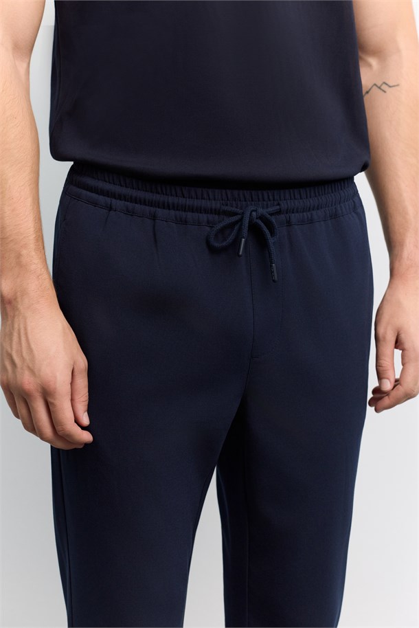 Lacivert Beli Lastikli Bağcıklı Duble Paça Jogger Pantolon