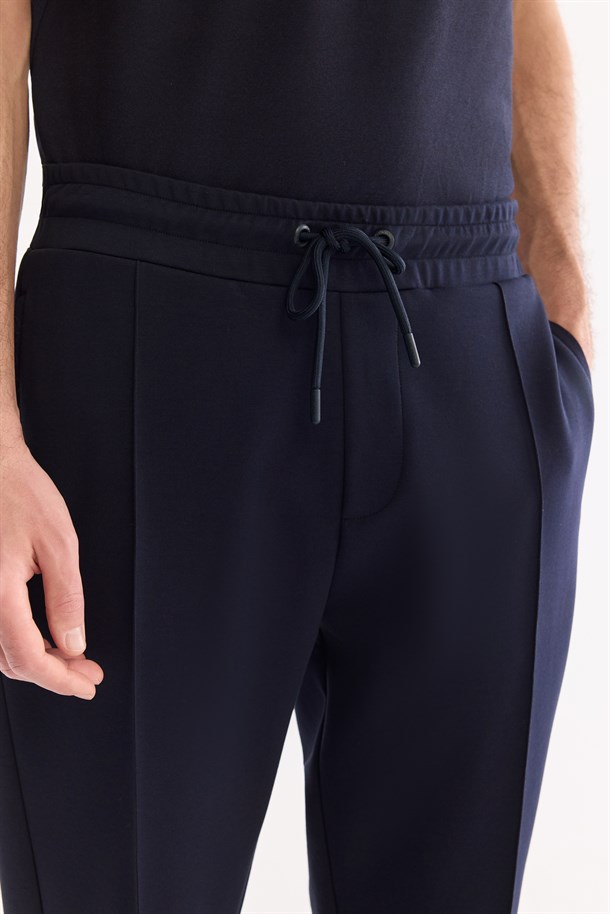 Lacivert Beli Lastikli Bağcıklı Yandan Cep Fermuar  Nervürlü İnterlok Jogger