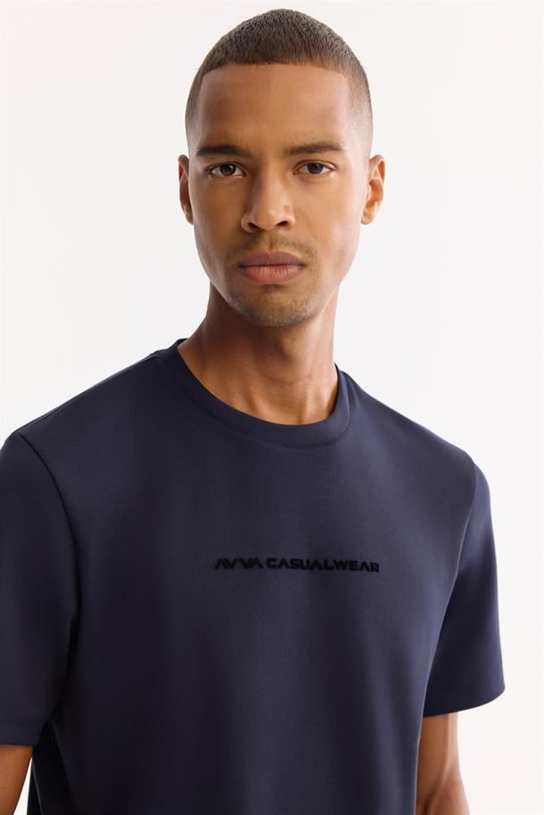 Lacivert Bisiklet Yaka Viskon Karışımlı Bi-Stretch Baskılı T-Shirt