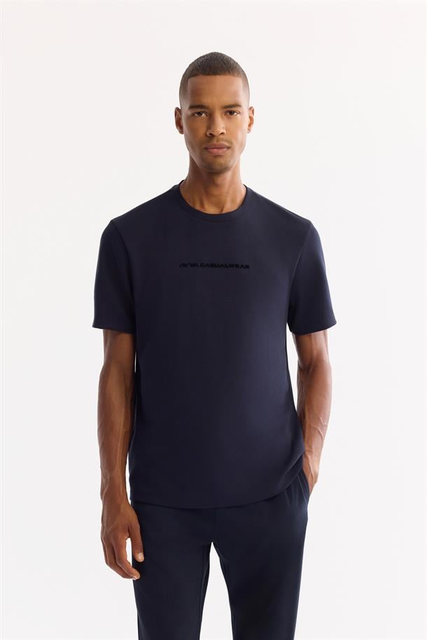 Lacivert Bisiklet Yaka Viskon Karışımlı Bi-Stretch Baskılı T-Shirt