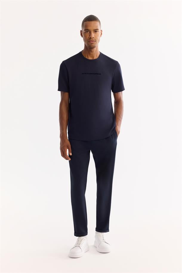 Lacivert Bisiklet Yaka Viskon Karışımlı Bi-Stretch Baskılı T-Shirt