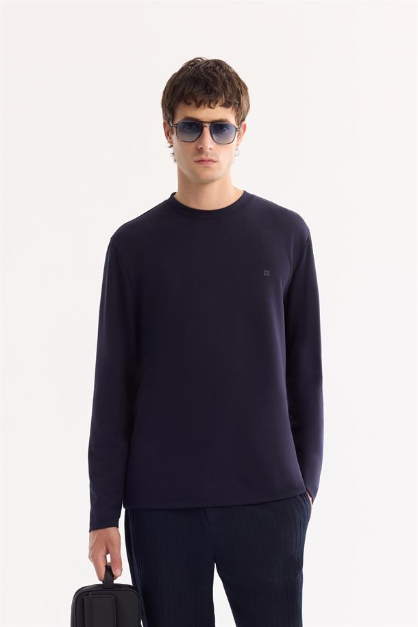 Lacivert Bisiklet Yaka Viskon Karışımlı Bi-Stretch Basic Sweatshirt