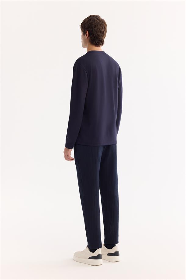 Lacivert Bisiklet Yaka Viskon Karışımlı Bi-Stretch Basic Sweatshirt