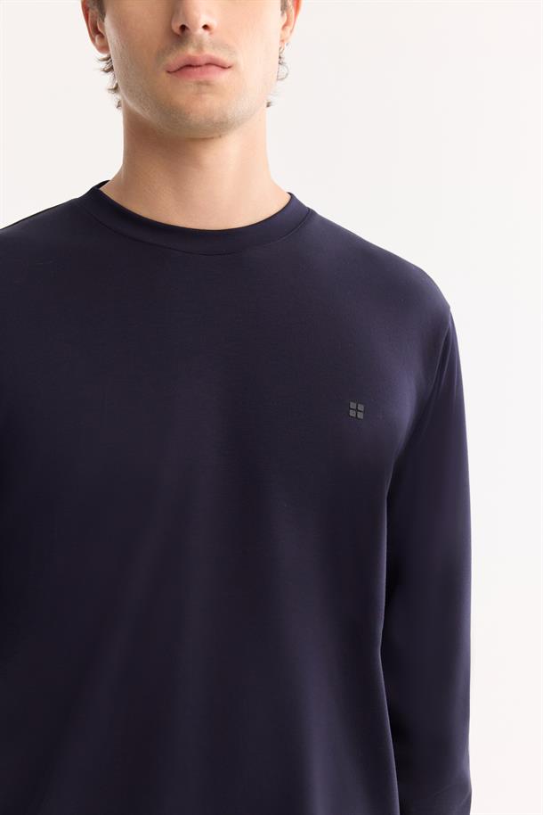 Lacivert Bisiklet Yaka Viskon Karışımlı Bi-Stretch Basic Sweatshirt