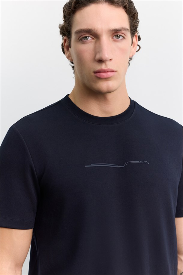 Lacivert Bisiklet Yaka Baskılı İnterlok Kolay Ütülenen T-Shirt