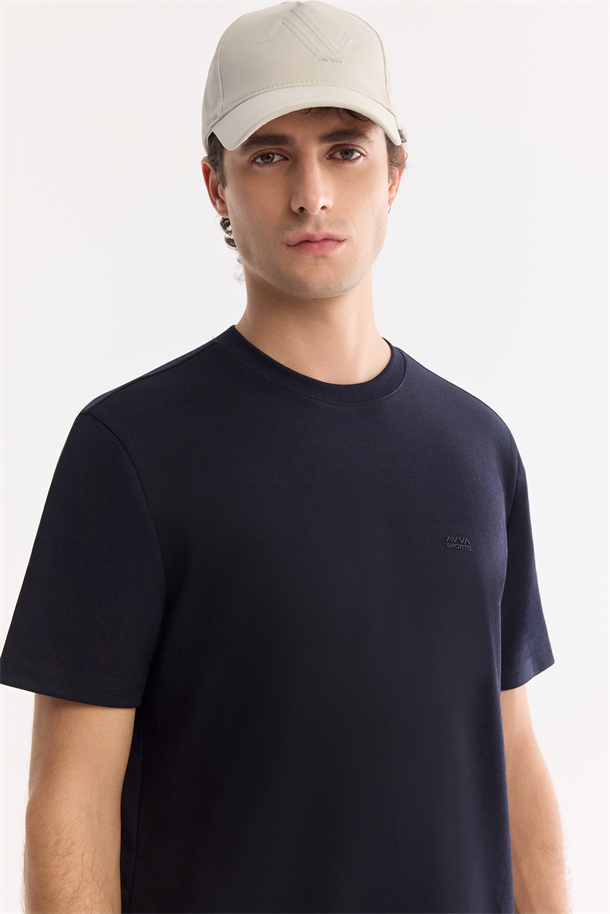 Lacivert Bisiklet Yaka Bi-Stretch Baskılı T-Shirt