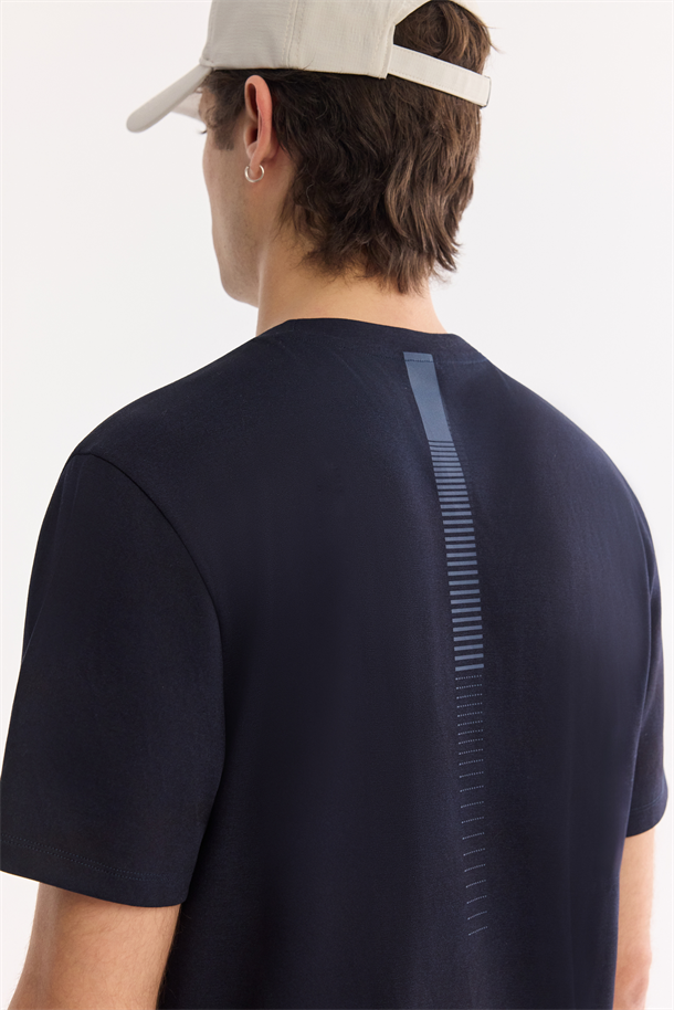 Lacivert Bisiklet Yaka Bi-Stretch Baskılı T-Shirt