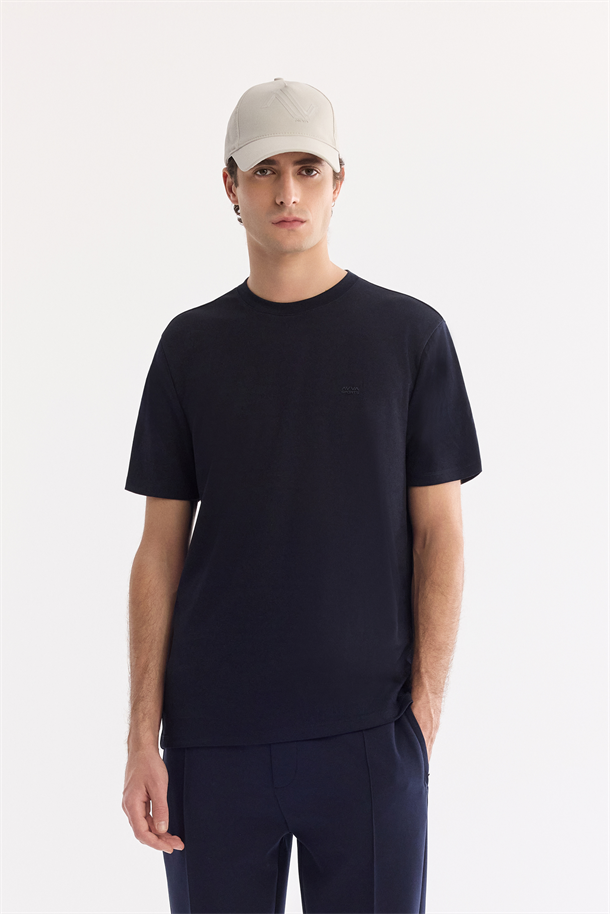 Lacivert Bisiklet Yaka Bi-Stretch Baskılı T-Shirt