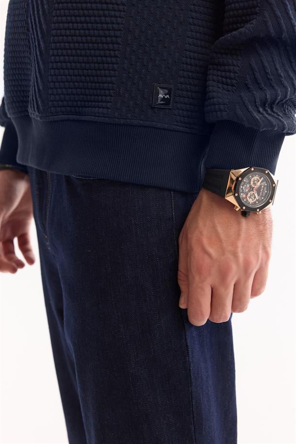 Lacivert Bisiklet Yaka Kolay Ütülenen Elastan Sweatshirt