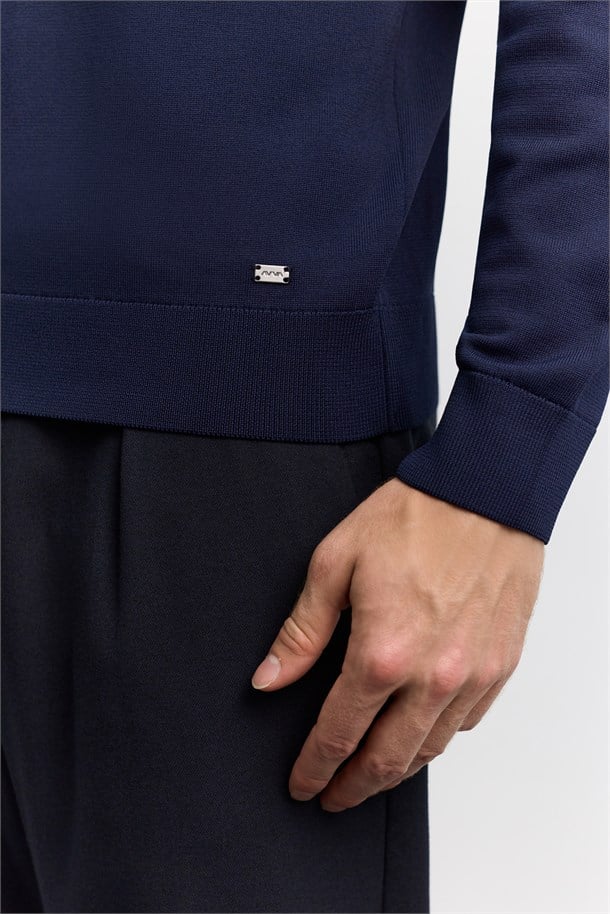 Lacivert Bisiklet Yaka, Düz Rayon Kazak