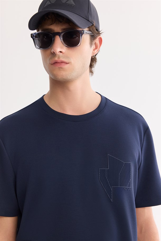 Lacivert Bisiklet Yaka Enjeksiyon Baskılı İnterlok T-Shirt