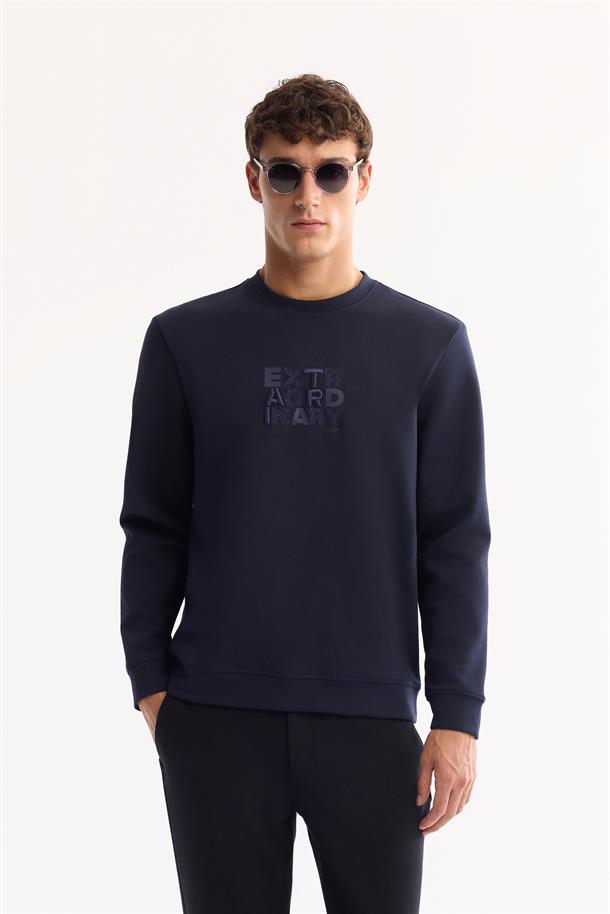 Lacivert Bisiklet Yaka Kolay Ütülenen Bi-Stretch Baskılı Sweatshirt