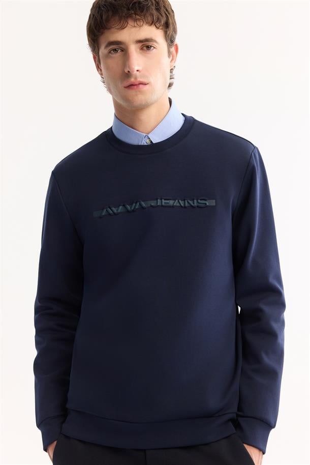 Lacivert Bisiklet Yaka Kolay Ütülenen Bi-Stretch Baskılı Sweatshirt