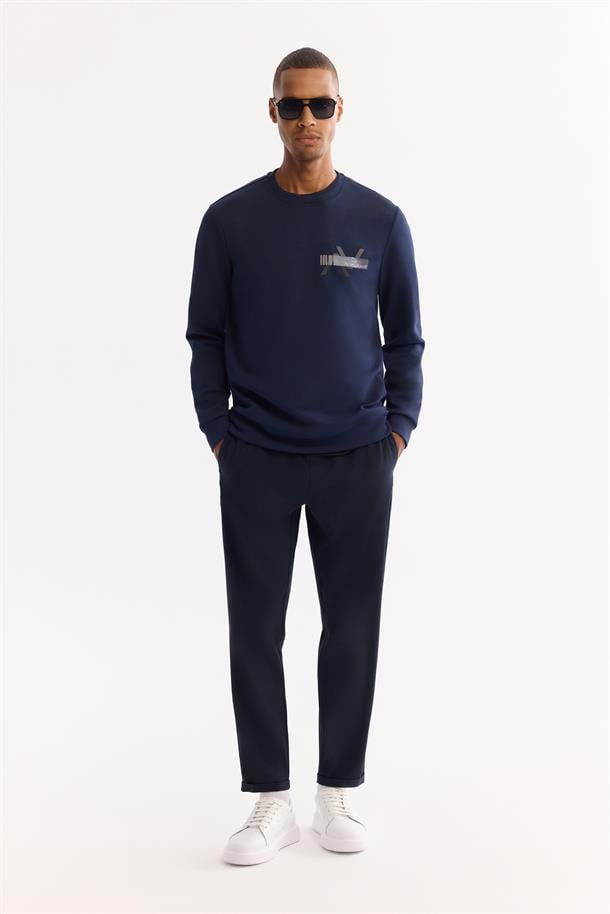 Lacivert Bisiklet Yaka Kolay Ütülenen Bi-Stretch Baskılı Sweatshirt