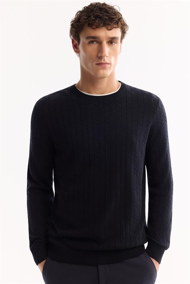 Lacivert Bisiklet Yaka %100 Akrilik Dokulu Triko Kazak