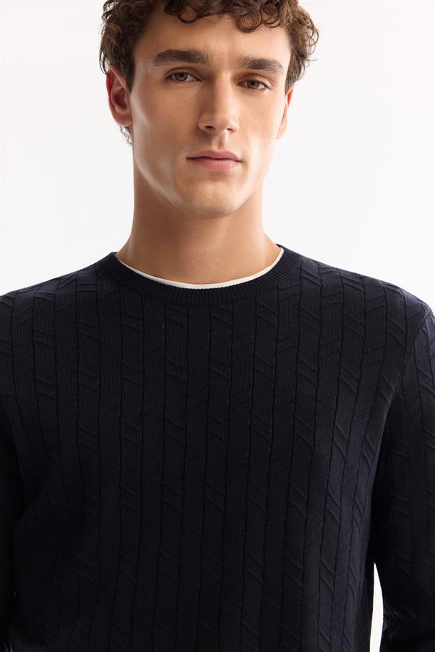 Lacivert Bisiklet Yaka %100 Akrilik Dokulu Triko Kazak