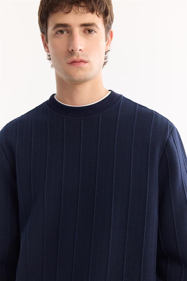 Lacivert Bisiklet Yaka Elastan  Kolay Ütülenen Çizgili Sweatshirt