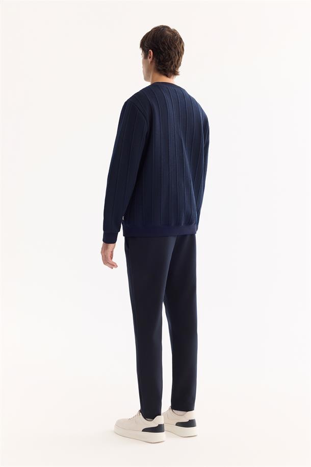 Lacivert Bisiklet Yaka Elastan  Kolay Ütülenen Çizgili Sweatshirt