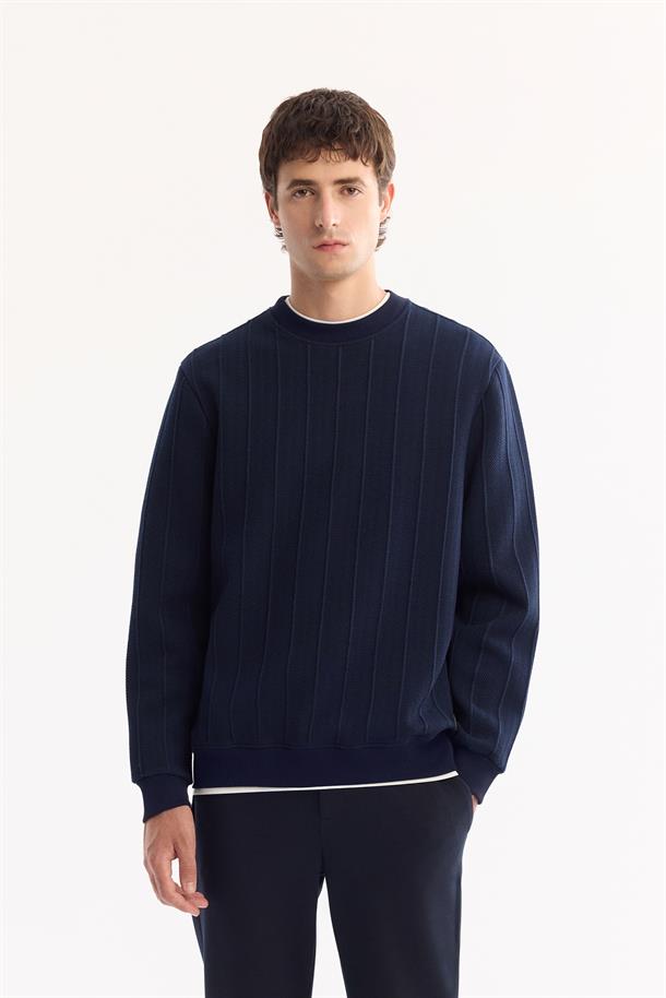 Lacivert Bisiklet Yaka Elastan  Kolay Ütülenen Çizgili Sweatshirt