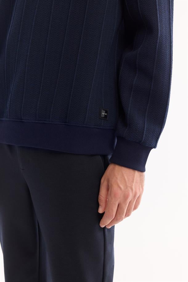 Lacivert Bisiklet Yaka Elastan  Kolay Ütülenen Çizgili Sweatshirt