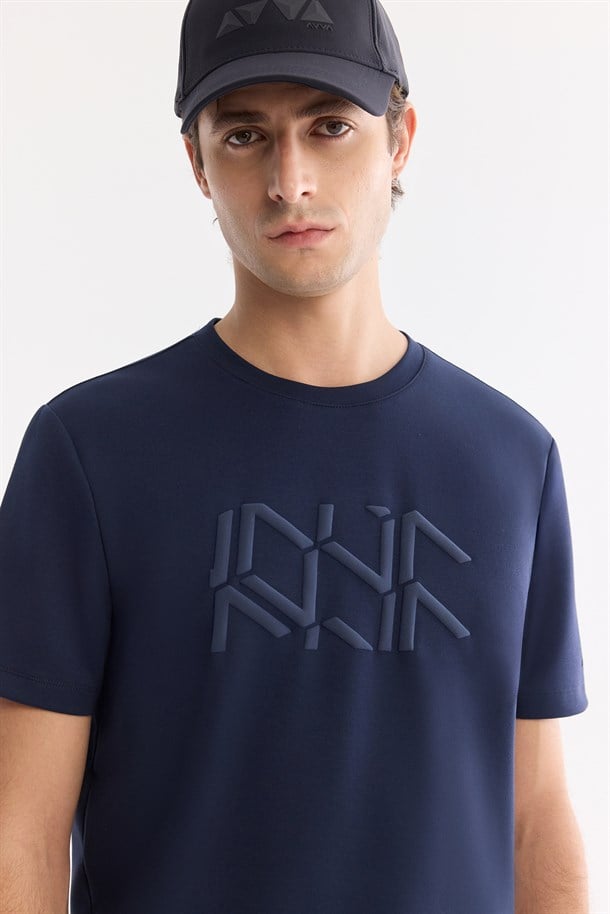 Lacivert Bisiklet Yaka Baskılı İnterlok T-Shirt