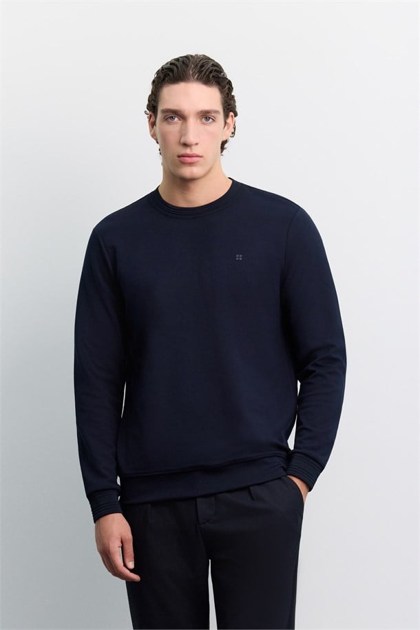 Lacivert Bisiklet Yaka Fitil Ribana İnterlok  Sweatshirt