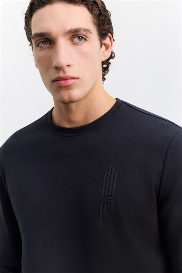 Lacivert Bisiklet Yaka Kolay Ütülenen Baskılı Pamuklu Sweatshirt