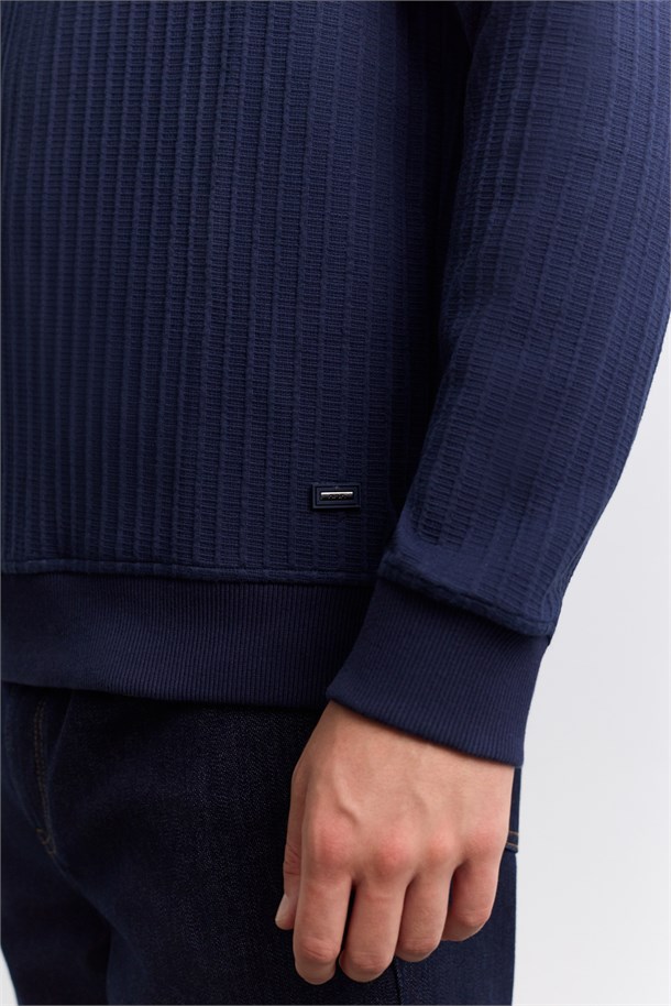 Lacivert Bisiklet Yaka Kolay Ütülenen Jakarlı Sweatshirt