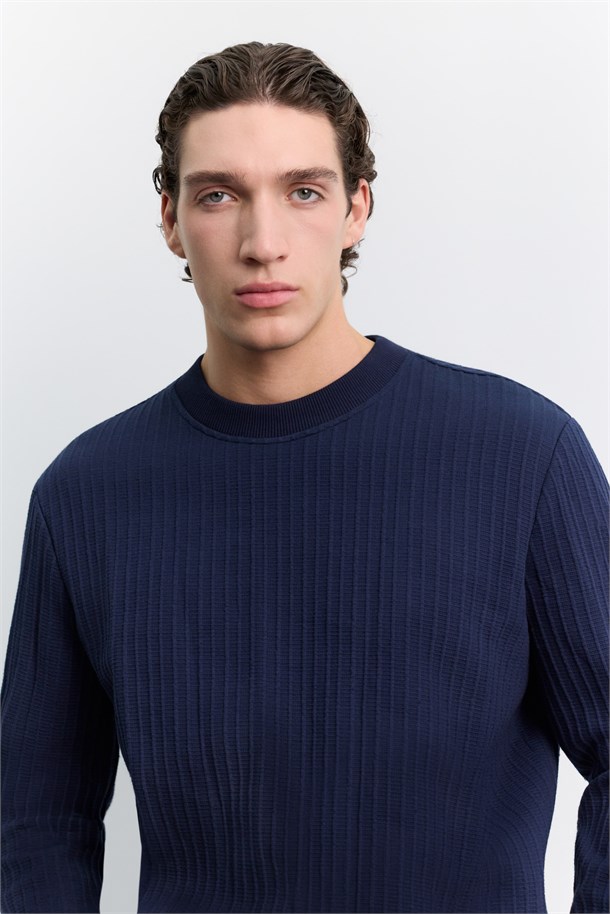 Lacivert Bisiklet Yaka Kolay Ütülenen Jakarlı Sweatshirt