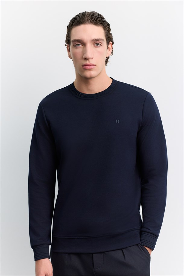 Lacivert Bisiklet Yaka Fitil Ribana İnterlok  Sweatshirt