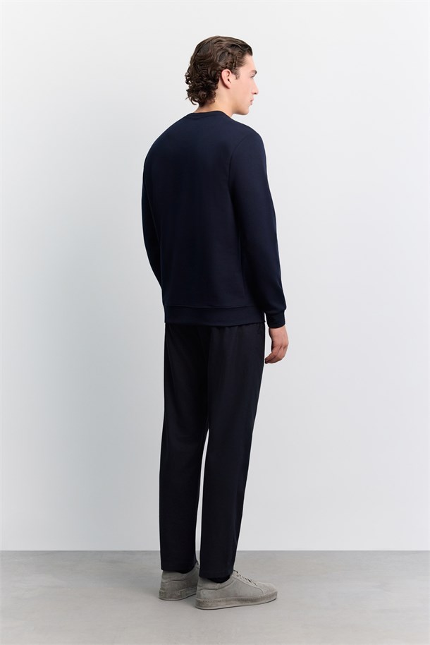 Lacivert Bisiklet Yaka Fitil Ribana İnterlok  Sweatshirt