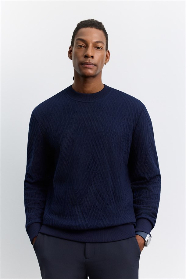 Lacivert Bisiklet Yaka Kolay Ütülenen Jakarlı Sweatshirt