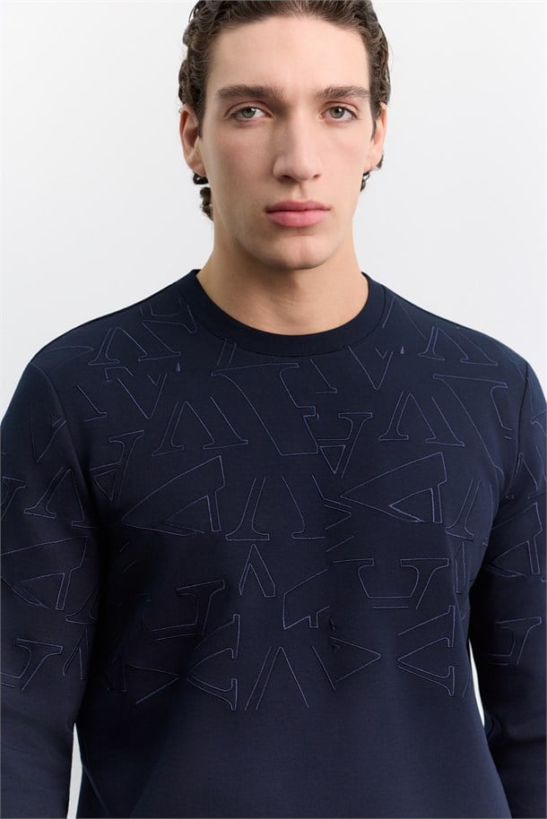 Lacivert Bisiklet Yaka Nakışlı İnterlok Sweatshirt