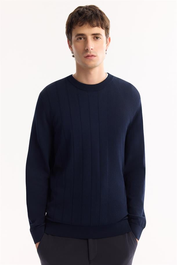 Lacivert Bisiklet Yaka Rayon Tüylenmeyen Dokulu Triko Kazak