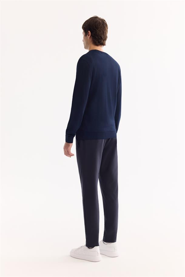 Lacivert Bisiklet Yaka Rayon Tüylenmeyen Dokulu Triko Kazak