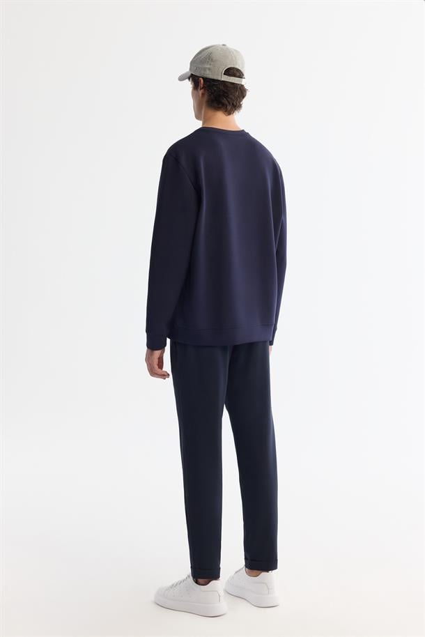 Lacivert Bisiklet Yaka Pamuklu Baskılı Elastan Sweatshirt