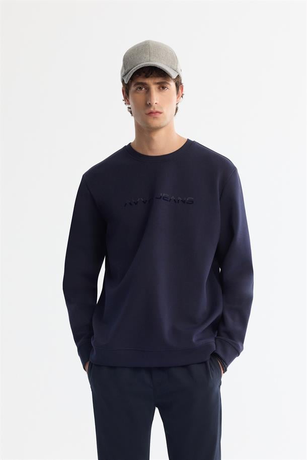 Lacivert Bisiklet Yaka Pamuklu Baskılı Elastan Sweatshirt