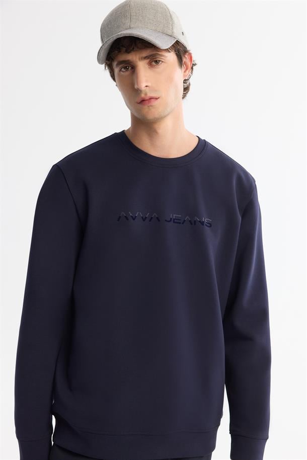 Lacivert Bisiklet Yaka Pamuklu Baskılı Elastan Sweatshirt