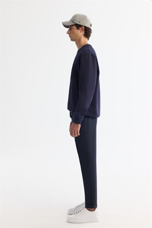 Lacivert Bisiklet Yaka Pamuklu Baskılı Elastan Sweatshirt