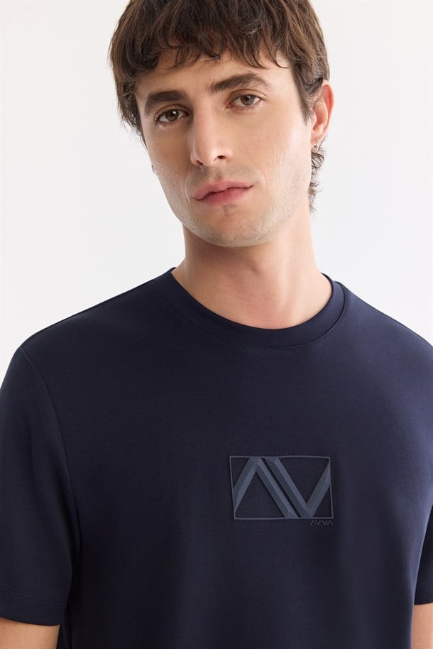 Lacivert Bisiklet Yaka Baskılı İnterlok T-Shirt