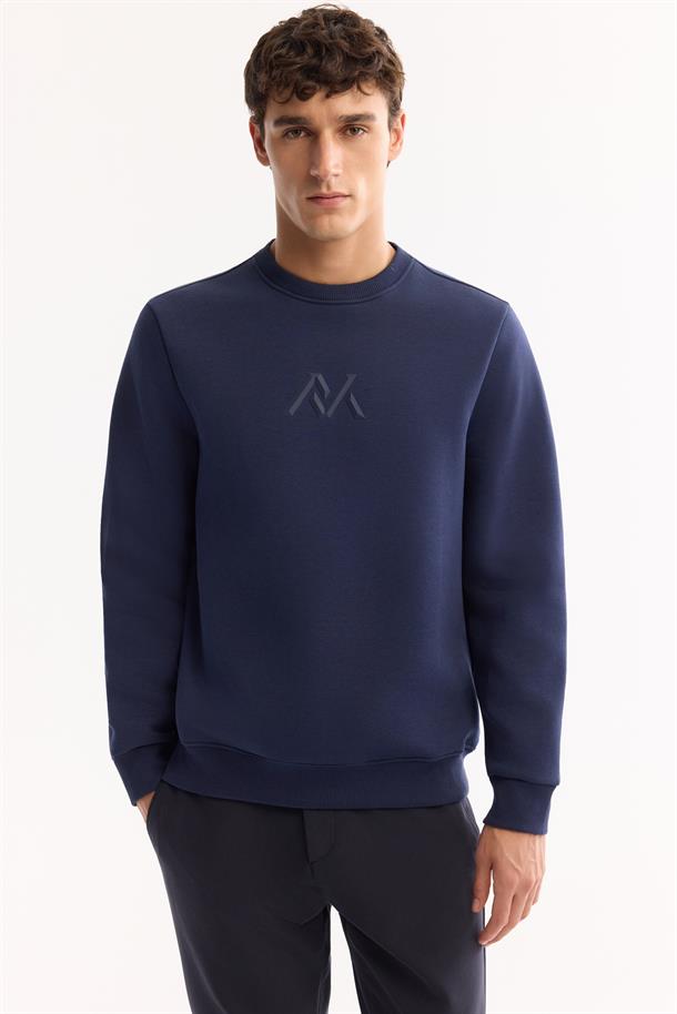 Lacivert Bisiklet Yaka Kolay Ütülenen Şardonlu Baskılı Sweatshirt