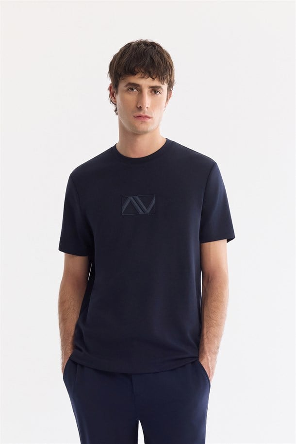 Lacivert Bisiklet Yaka Baskılı İnterlok T-Shirt