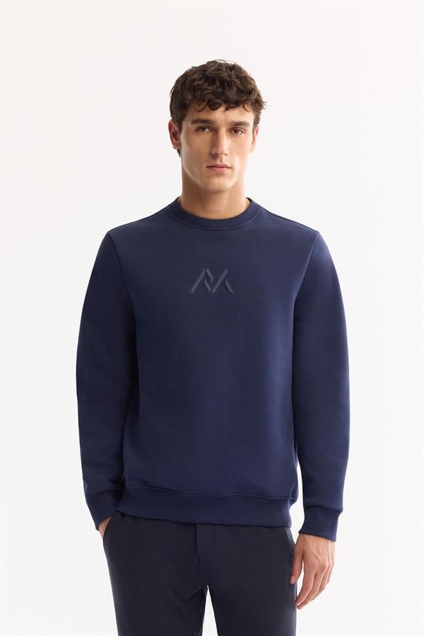 Lacivert Bisiklet Yaka Kolay Ütülenen Şardonlu Baskılı Sweatshirt