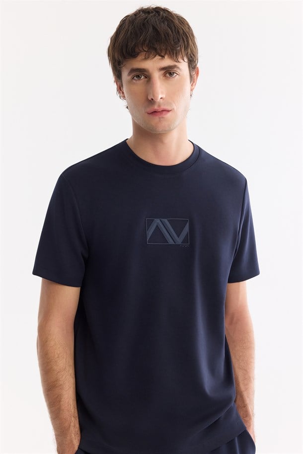 Lacivert Bisiklet Yaka Baskılı İnterlok T-Shirt