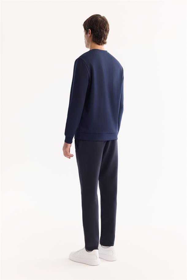 Lacivert Bisiklet Yaka Kolay Ütülenen Bi-Stretch Baskılı Sweatshirt