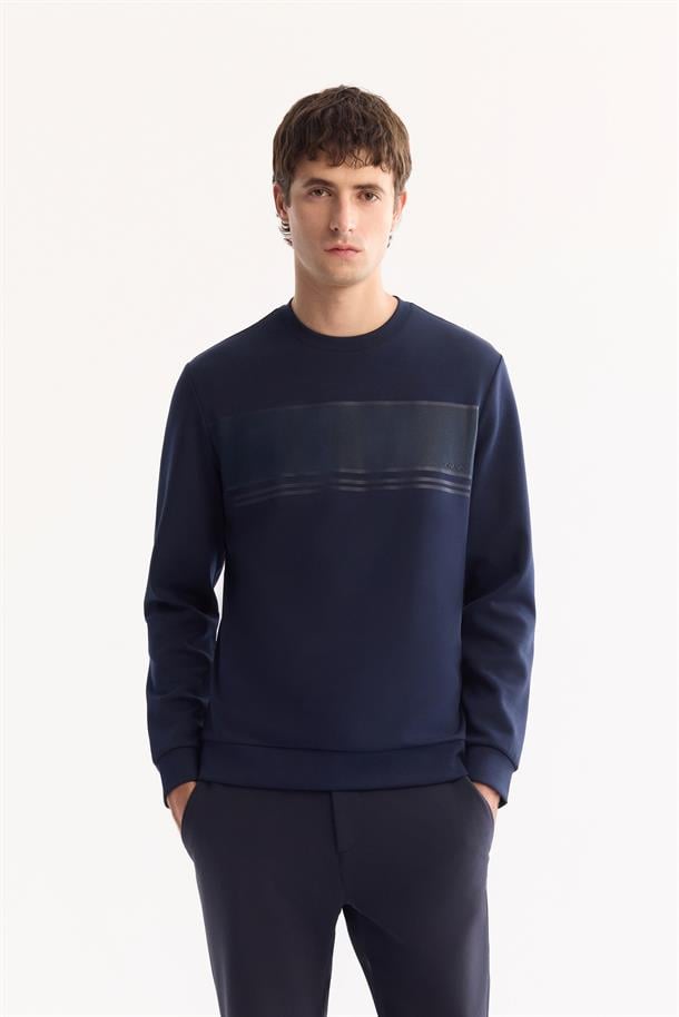 Lacivert Bisiklet Yaka Kolay Ütülenen Bi-Stretch Baskılı Sweatshirt