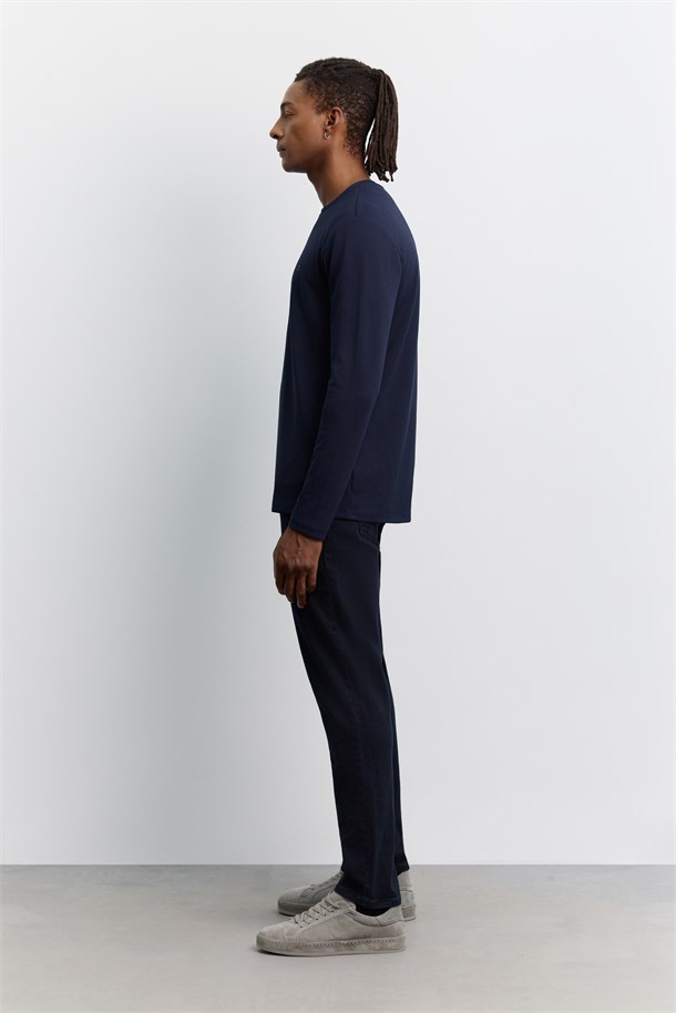 Lacivert Bisiklet Yaka Viskon Karışımlı Bi-Stretch Basic Sweatshirt
