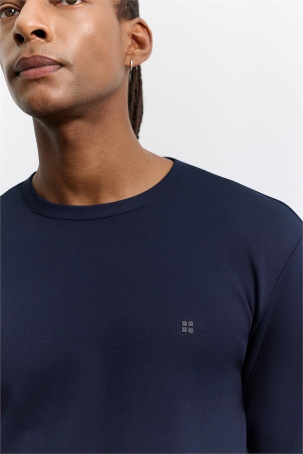 Lacivert Bisiklet Yaka Viskon Karışımlı Bi-Stretch Basic Sweatshirt