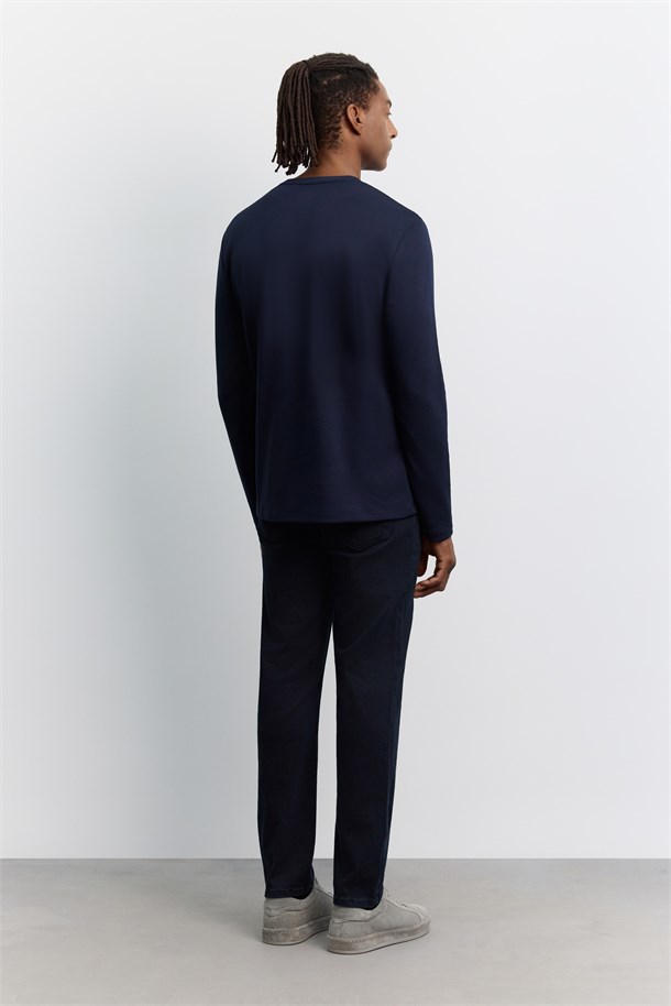 Lacivert Bisiklet Yaka Viskon Karışımlı Bi-Stretch Basic Sweatshirt